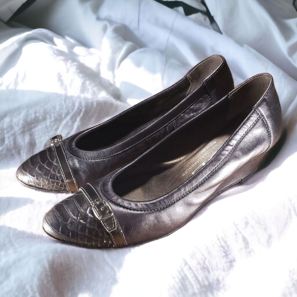 AGL Balletcore Low Wedge Pump metallic Pewter Snakeskin Cap Toe